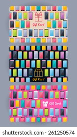 Discount gift cards set. Abstract smartphones colorful background.