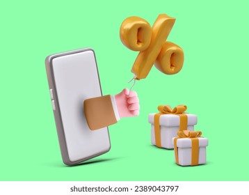 Discount as gift. Realistic hand sticking out of smartphone and holding percentage balloons. Gift boxes tied with ribbons. Concept of bonuses in cartoon style