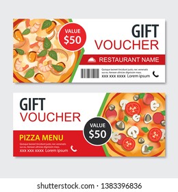 Discount gift voucher fast food template design. Pizza set. Use for coupon, banner, flyer, sale, promotion.