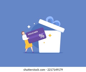 discount gift vouchers. loyalty programs. gifts for loyal customers. claim prize. a female shopper gets a free discount voucher from a gift box. illustration element design. graphic elements