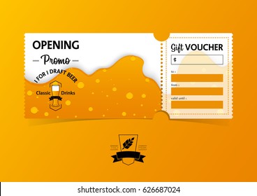 Discount gift vouchers template design for opening beer party. Special offer or certificate coupons. Vector illustration.