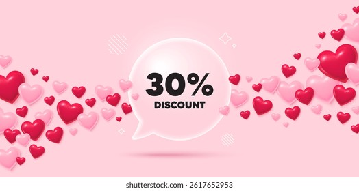 Discount glass speech bubble. 3d hearts pink background. 30 percent discount tag. Sale offer price sign. Special offer symbol. Valentines day greeting card. Flying hearts. Vector
