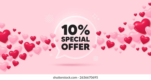 Discount glass speech bubble. 3d hearts pink background. 10 percent discount offer tag. Sale price promo sign. Special offer symbol. Valentines day greeting card. Flying hearts. Vector