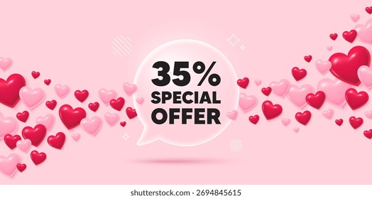 Desconto balão de vidro. 3-D corações cor-de-rosa fundo. etiqueta de oferta de desconto de 35%. Sinal de promoção de preço de venda. Símbolo de oferta especial. Cartão comemorativo do Dia dos Namorados. Corações voadores. Vetor