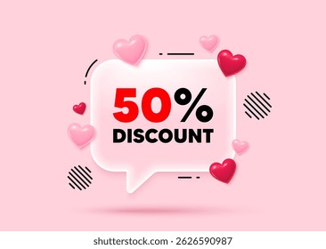 Discount glass speech bubble. Social media concept. 50 percent discount tag. Sale offer price sign. Special offer symbol. 3d hearts love speech bubble. Vector