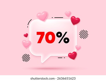 Discount glass speech bubble. Social media concept. 70 percent off sale tag. Discount offer price sign. Special offer symbol. 3d hearts love speech bubble. Vector