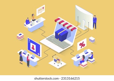 Discount of goods concept in 3d isometric design. Attracting new customers with promotions in store, bargain online shopping and gifts. Vector illustration with isometry people scene for web graphic