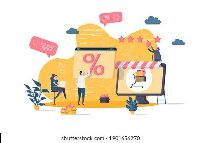 El concepto de descuento de bienes en forma plana. Los compradores ven la escena de las propuestas de venta con descuento. Descuento estacional, oferta especial y publicidad minorista. Ilustración vectorial con caracteres de personas.