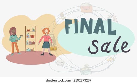 Discount of goods concept in flat style. Shoppers view discount sales propositions scene. Seasonal discounting, special offer and retail advertising. Vector illustration with people characters.