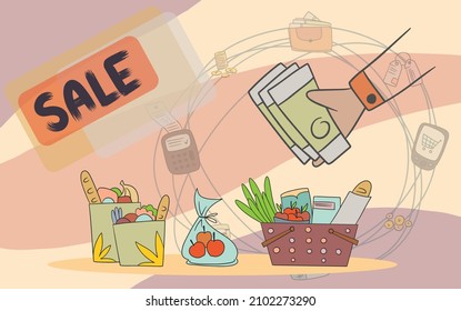Discount of goods concept in flat style. Shoppers view discount sales propositions scene. Seasonal discounting, special offer and retail advertising. Vector illustration in cartoon style