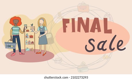 Discount of goods concept in flat style. Shoppers view discount sales propositions scene. Seasonal discounting, special offer and retail advertising. Vector illustration with people characters.