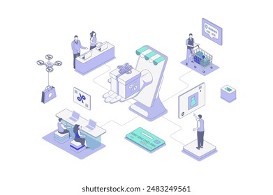 Discount of goods isometric concept in outline isometry design for web. People doing online shopping and getting gifts with store loyalty program, best offer prices in shop. Vector illustration.