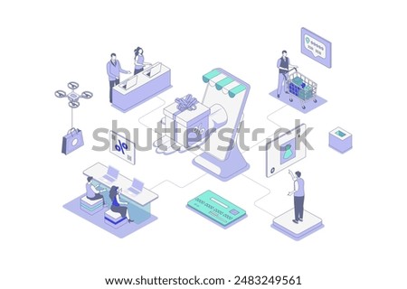 Discount of goods isometric concept in outline isometry design for web. People doing online shopping and getting gifts with store loyalty program, best offer prices in shop. Vector illustration.