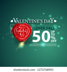Discount green banner for Valentine's Day with heart-shaped balloon