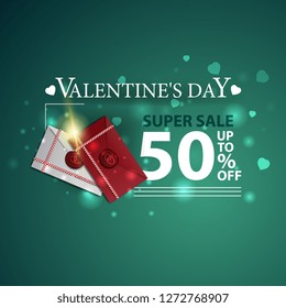 Discount green banner for Valentine's Day with love letters