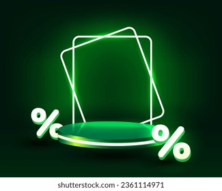 Discount green empty 3d podium floating in the air with neon rectangle frames on background. Stage podium with lighting.