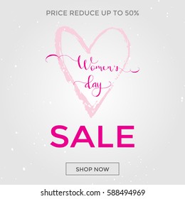 Discount greeting card design - International Happy Women's Day. 8 March holiday background with lettering. Trendy design template for advertising and  sale promotion. Vector illustration.