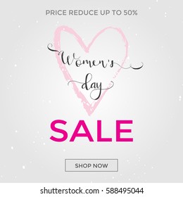 Discount greeting card design - International Happy Women's Day. 8 March holiday background with lettering. Trendy design template for advertising and  sale promotion. Vector illustration.