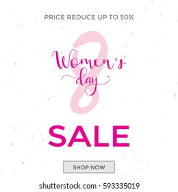 Discount greeting card design - International Happy Women's Day. 8 March holiday background with lettering. Trendy design template for advertising and  sale promotion. Vector illustration.