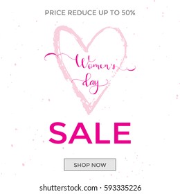 Discount greeting card design - International Happy Women's Day. 8 March holiday background with lettering. Trendy design template for advertising and  sale promotion. Vector illustration.