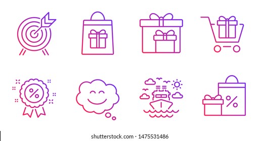 Discount, Holidays shopping and Shopping cart line icons set. Delivery boxes, Archery and Smile chat signs. Ship travel symbol. Gifts bag, Gift box. Holidays set. Gradient discount icon. Vector