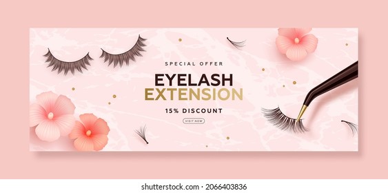 Discount horizontal banner with realistic false lashes, lash extension tools and flowers on pink background. Vector illustration