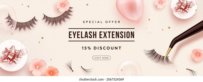 Discount horizontal banner with realistic false lashes, lash extension tools, balloons and flowers on pink background. Vector illustration