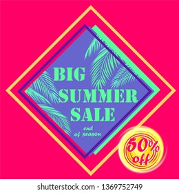 Discount hot pink label for big summer sale with mint color palm leaves and offer with yellow sun