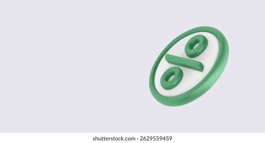 Discount Icon, 3D Percentage Symbol, Green Sale Button on White Background. Modern Minimal Design for Shopping or Promo Labels. Vector Illustration.