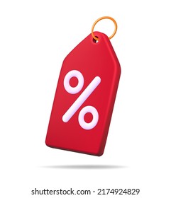 Discount icon. 3d price tag. Coupon with percentage for sale. Red label with percent for special offer. Shop promotion. Card for buy isolated on white background. Vector.