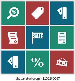 Discount icon. collection of 9 discount filled icons such as tag, percent search, sale, bill of house sell, bill of house. editable discount icons for web and mobile.