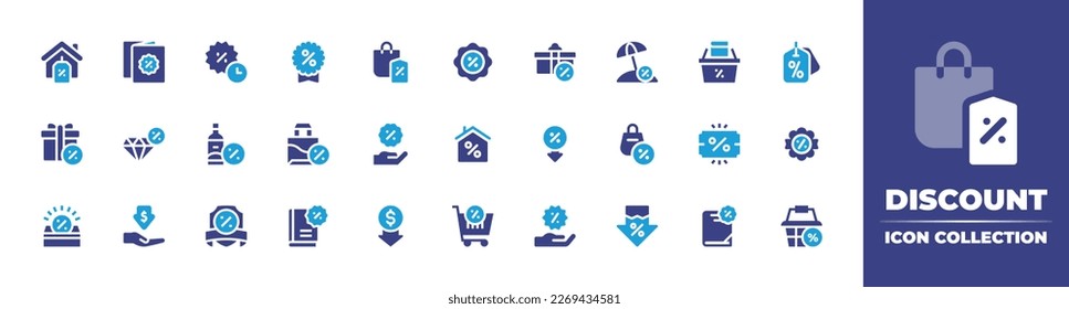 Discount icon collection. Duotone color. Vector illustration. Containing discount, gift box, sunshade, price tag, discount badge, bag, ticket, low price.