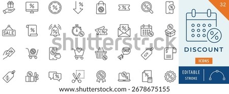 Discount icon collection set. Editable stroke.

