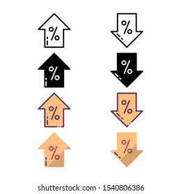 Discount icon with up and down arrows. With outline, glyph, filled outline and flat style.
