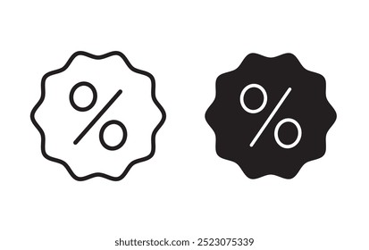 Ícone de desconto, Porcentagem, etiqueta de oferta de porcentagem financeira, Rótulo de venda de compras, Cupom de sexta-feira preta, botão de ícones de comissão de promoção, vetor, sinal, símbolo, logotipo, ilustração, traço editável e plano