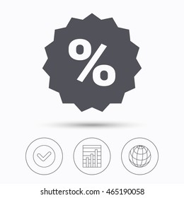 Discount icon. Sale offer star symbol. Check tick, graph chart and internet globe. Linear icons on white background. Vector