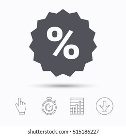 Discount icon. Sale offer star symbol. Stopwatch timer. Hand click, report chart and download arrow. Linear icons. Vector