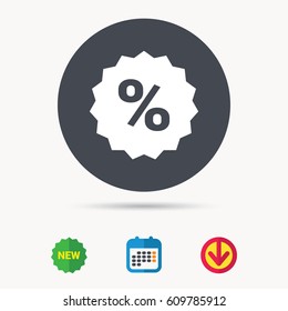 Discount icon. Sale offer star symbol. Calendar, download arrow and new tag signs. Colored flat web icons. Vector