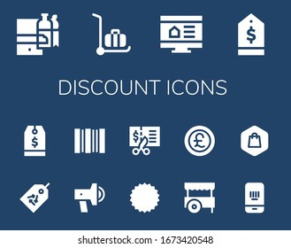 discount icon set. 14 filled discount icons. Included Shopping online, Delivery cart, Online shop, Tag, Promotion, Barcode, Coupon, Voucher, Cart, Pound, Shopping icons