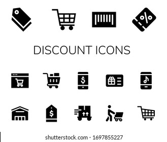 Discount Icon Set. 14 Filled Discount Icons.  Simple Modern Icons Such As: Tag, Shopping Cart, Barcode, Coupon, Supermarket, Online Shop, Trolley, Shopping, Gift Card, Online Store