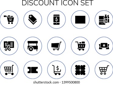 discount icon set. 15 filled discount icons.  Simple modern icons about  - Shopping cart, Voucher, Tag, Cart, Online shop, Barcode, Shopping online, Banner, Coupon, Reduce