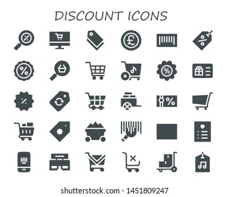 discount icon set. 30 filled discount icons.  Collection Of - Percentage, Online shop, Tag, Pound, Barcode, Discount, Shopping cart, Store, Gift card, Label, Cart, Gift voucher