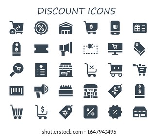 conjunto de iconos de descuento. 30 iconos de descuento rellenos.  Iconos modernos sencillos, como: Tienda, Descuento, Supermercado, Carrito de compra, Código de barras, Tarjeta de regalo, Precio, Cupón, Promoción, Tienda en línea