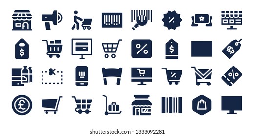 discount icon set. 32 filled discount icons. on blue background style Collection Of - Shop, Price tag, Shopping online, Pound, Promotion, Shopping cart, Coupon, Shopping, Online store