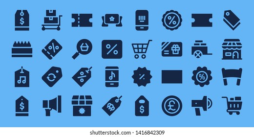 discount icon set. 32 filled discount icons. on blue background style Collection Of - Tag, Store, Label, Trolley, Coupon, Promotion, Online shop, Shop, Banner, Percentage, Online store