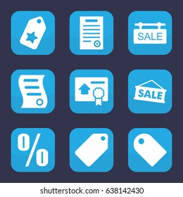 Discount icon. set of 9 filled discount icons such as tag, sale tag, bill of house sell, bill of house, percent