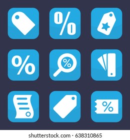 Discount icon. set of 9 filled discount icons such as tag, bill of house sell, percent, percent search