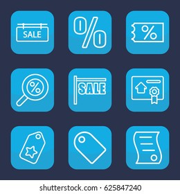 Discount icon. set of 9 outline discount icons such as sale tag, bill of house sell, percent search, tag, sale, ticket on sale
