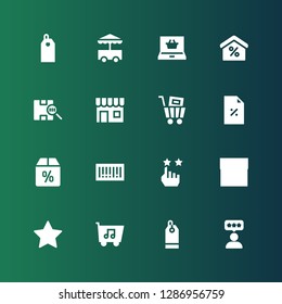 discount icon set. Collection of 16 filled discount icons included Rate, Price tag, Shopping cart, Shop, Barcode, Offer, Discount, Shopping online, Cart