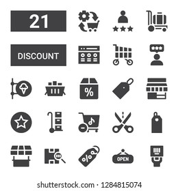 discount icon set. Collection of 21 filled discount icons included Barcode, Shop, Label, Store, Price tag, Cut, Trolley, Rate, Offer, Shopping cart, Rating, Commerce